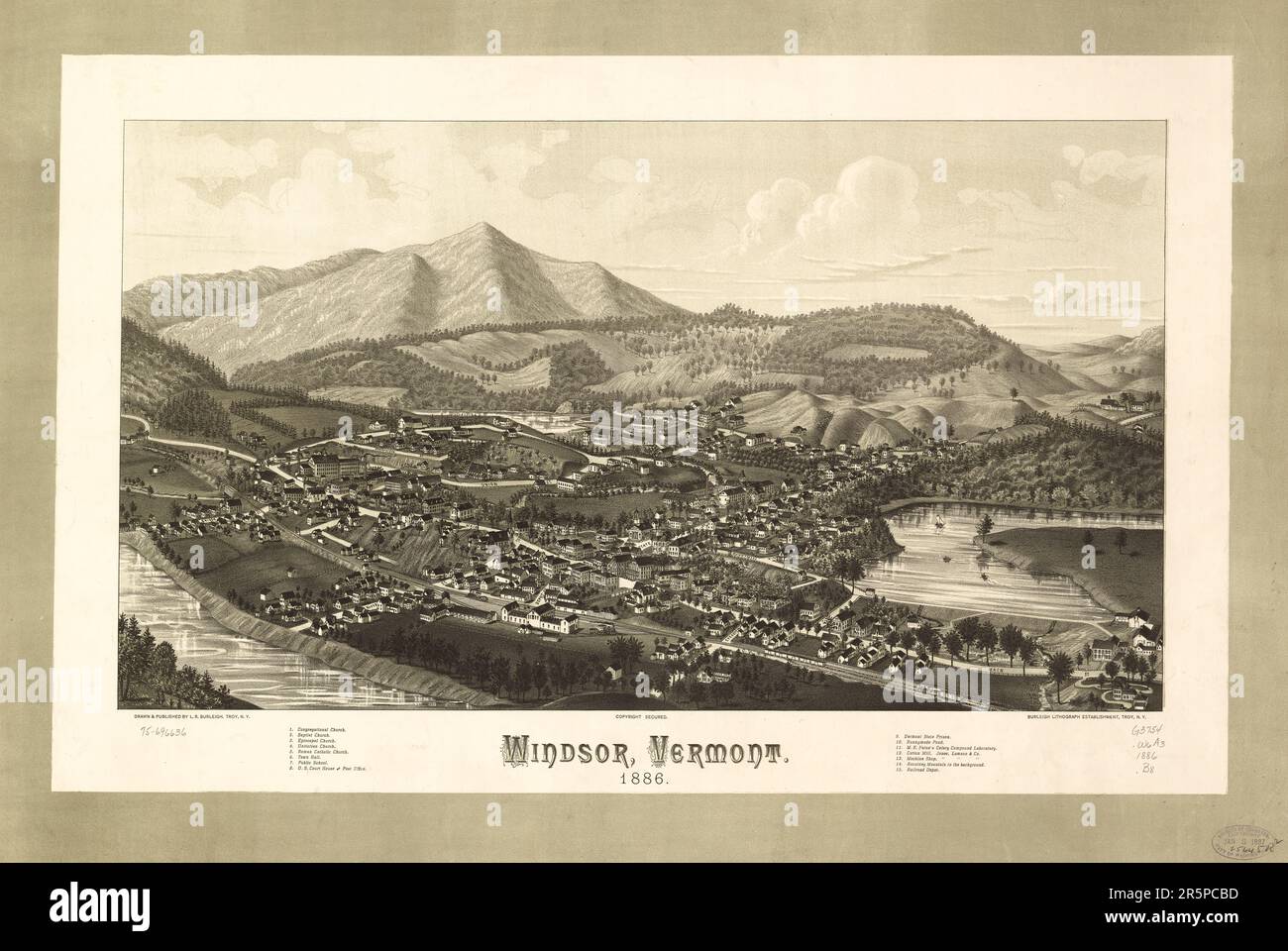 MAPPA Windsor, Vermont 1886. Mappa prospettica non disegnata in scala. Vista dall'alto. LC Mappe panoramiche Foto Stock