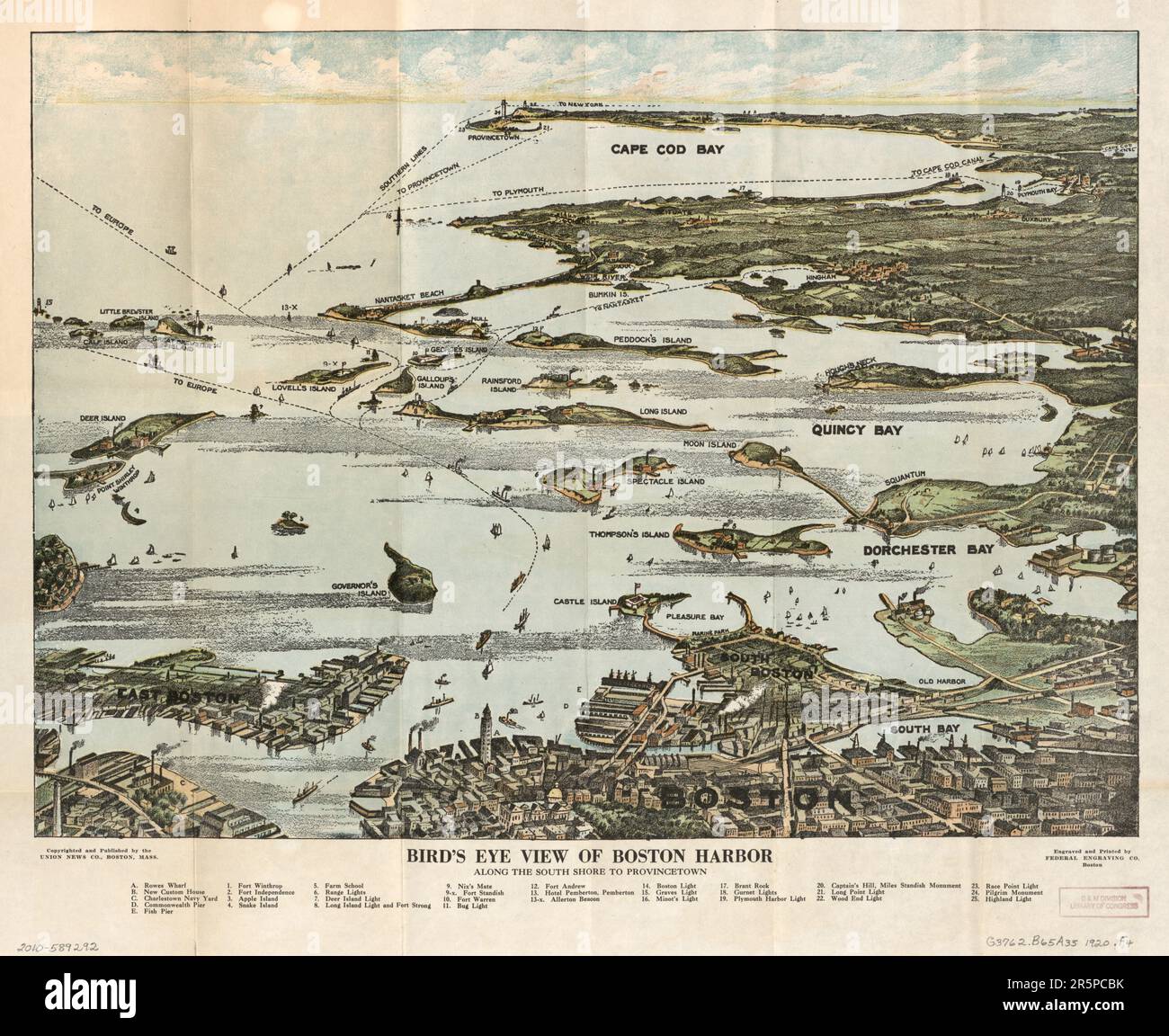 MAPPA Bird's eye view of Boston Harbor lungo la South Shore a Plymouth, Cape Cod Canal, e Provincetown : a colori : mostra tutte le rotte del vaporetto. B Foto Stock