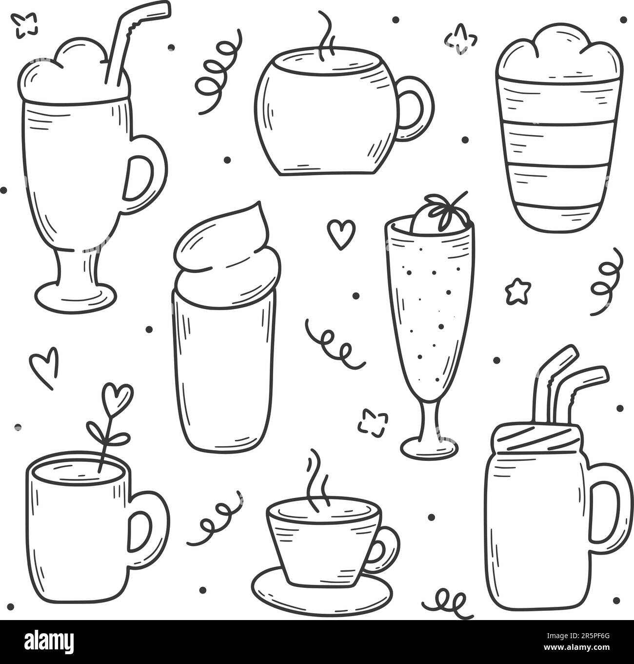 Set di bevande calde e frullati disegnati a mano. Tè, caffè, cappuccino, frullati rinfrescanti e cocktail. Illustrazione dello schizzo con inchiostro scarabocchio. Bicchiere in vetro, bicchiere Illustrazione Vettoriale
