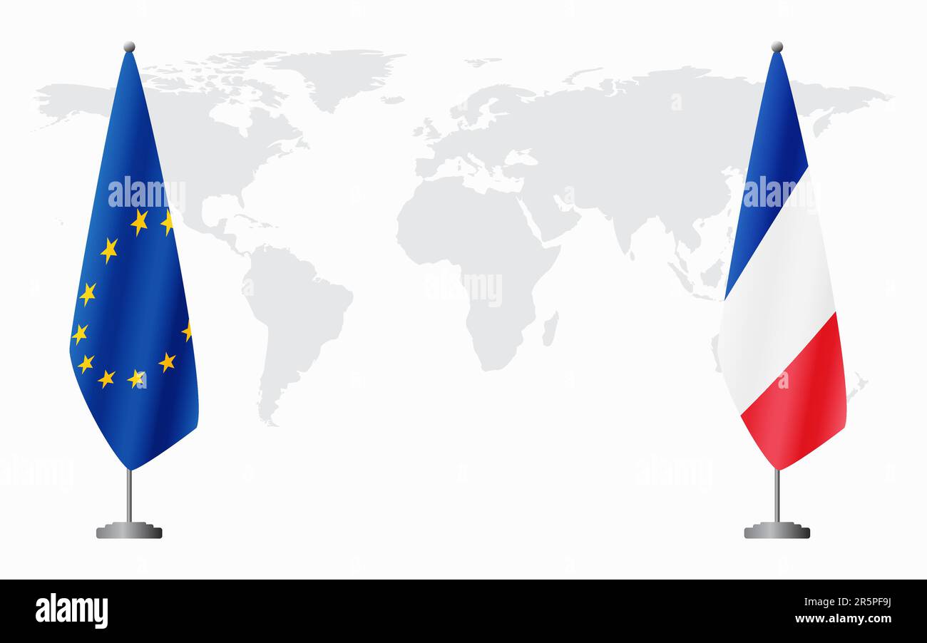 Bandiere dell'Unione europea e della Francia per la riunione ufficiale sullo sfondo della mappa mondiale. Illustrazione Vettoriale