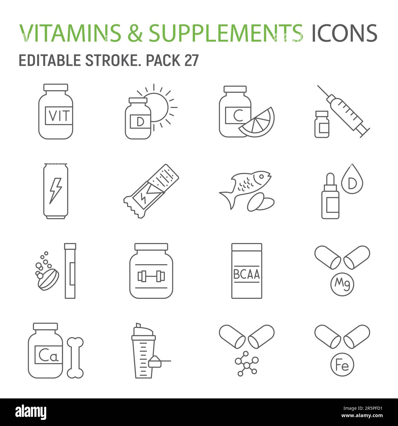 Vitamine e supplementi linea icone set, salute collezione, integratori sportivi grafica vettoriale, logo illustrazioni, minerali vettore icone, nutrizionale Illustrazione Vettoriale