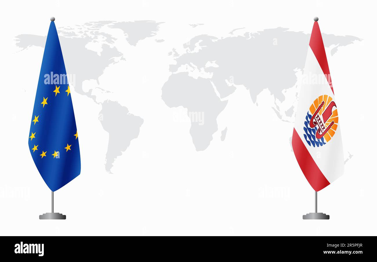 Bandiere dell'Unione europea e della Polinesia francese per la riunione ufficiale sullo sfondo della mappa mondiale. Illustrazione Vettoriale