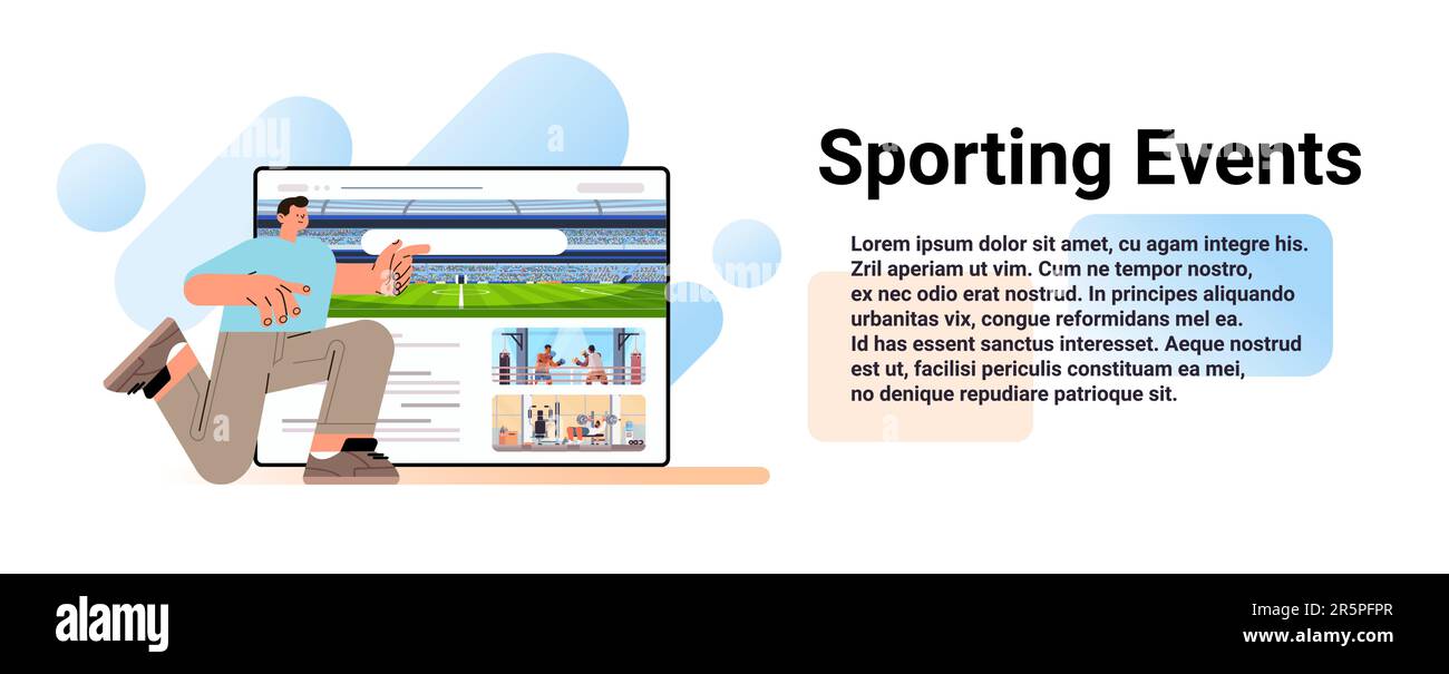 guy divertente guardare lo schermo del pc con diversi campionati sportivi concetto di eventi sportivi Illustrazione Vettoriale