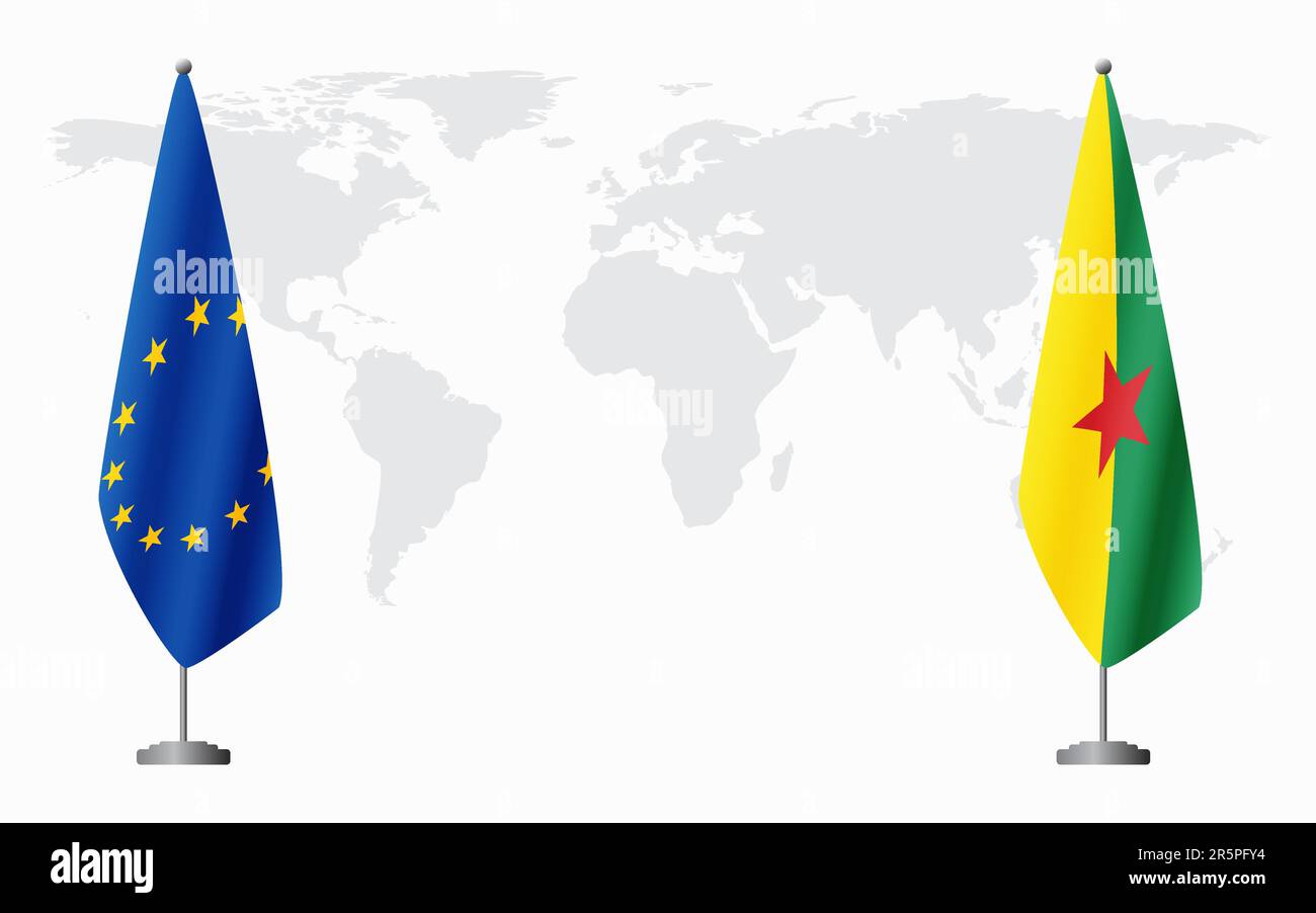 Bandiere dell'Unione europea e della Guyana francese per un incontro ufficiale sullo sfondo della carta mondiale. Illustrazione Vettoriale