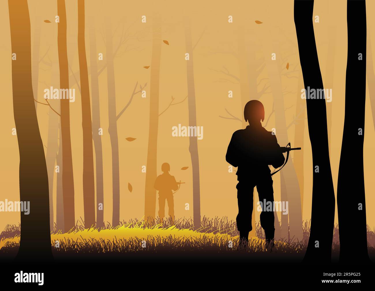 Silhouette illustrazione di soldati nei legni scuri Illustrazione Vettoriale