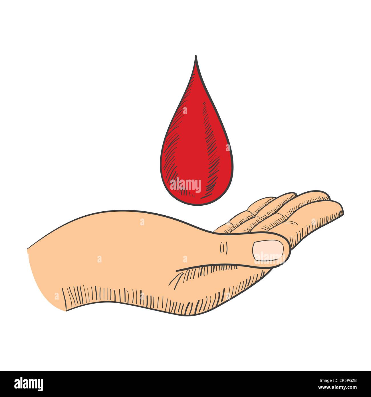 Semplice grafica di una mano con il simbolo della goccia di sangue. Cura, donazione, donatore, concetto di carità Illustrazione Vettoriale