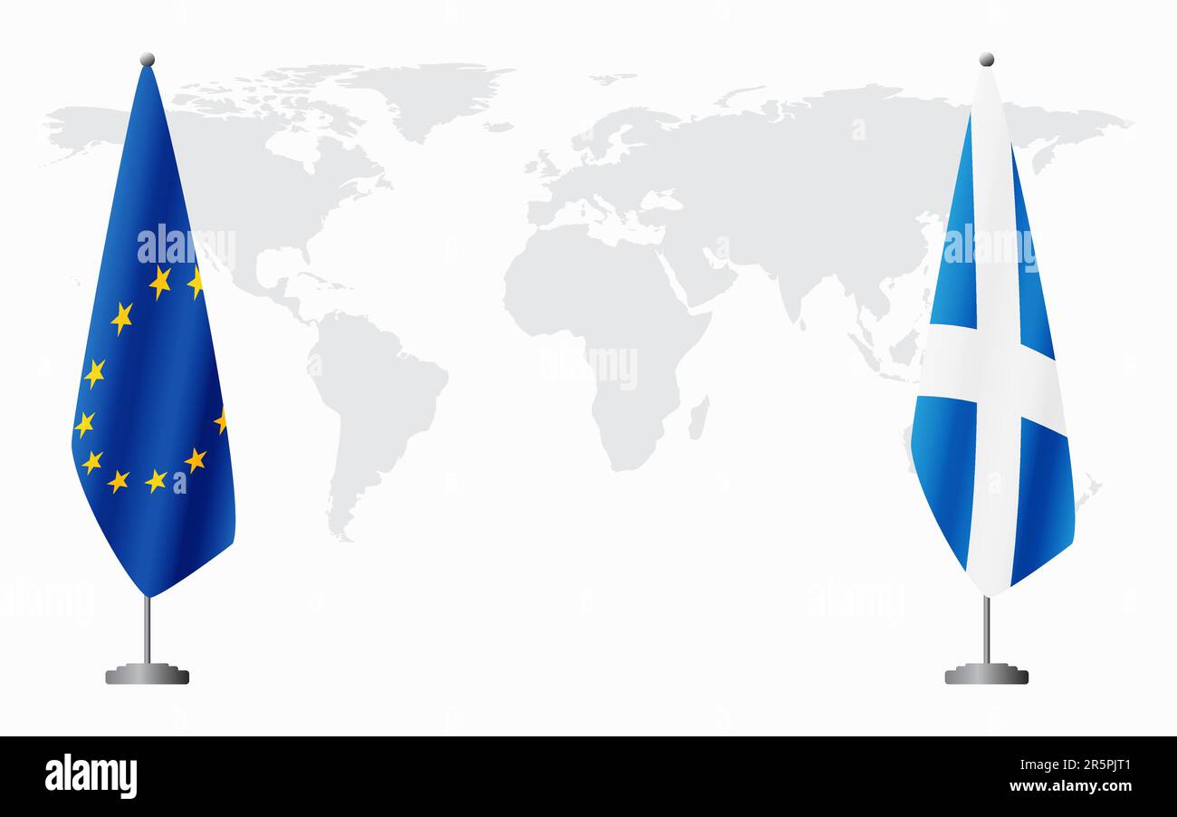 Bandiere dell'Unione europea e della Scozia per la riunione ufficiale sullo sfondo della mappa mondiale. Illustrazione Vettoriale