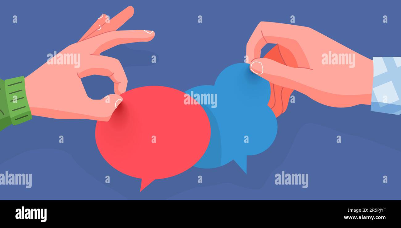 Mani che tengono una bolla di chat. Concetto di comunicazione. Contorno stile cartone animato. Illustrazione vettoriale Illustrazione Vettoriale