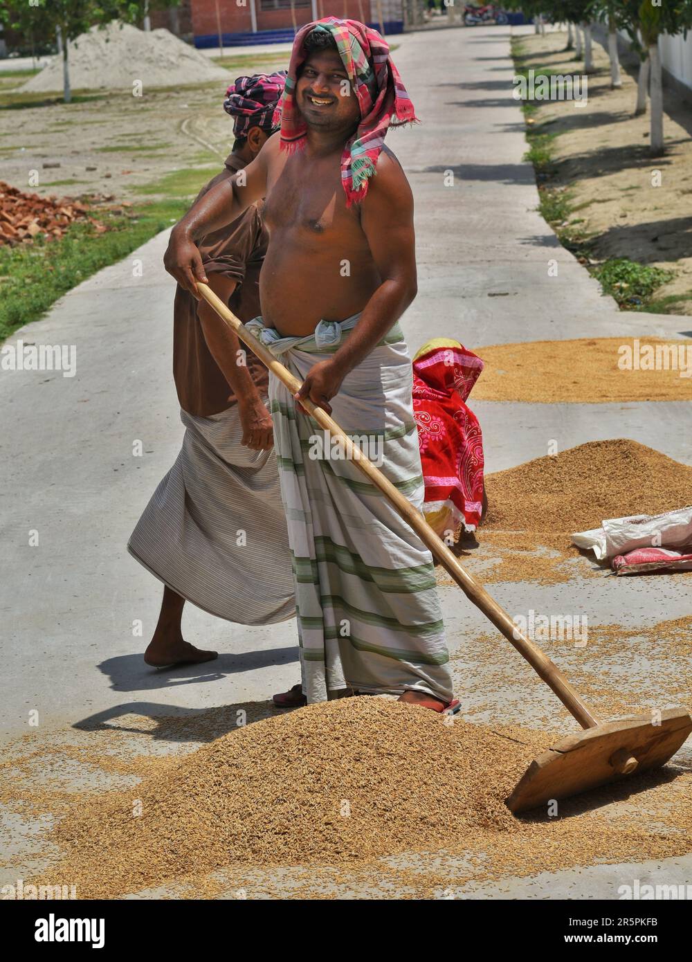 Un uomo rurale che raccoglie i suoi raccolti freschi che sono messi sulla strada ad asciugare Foto Stock