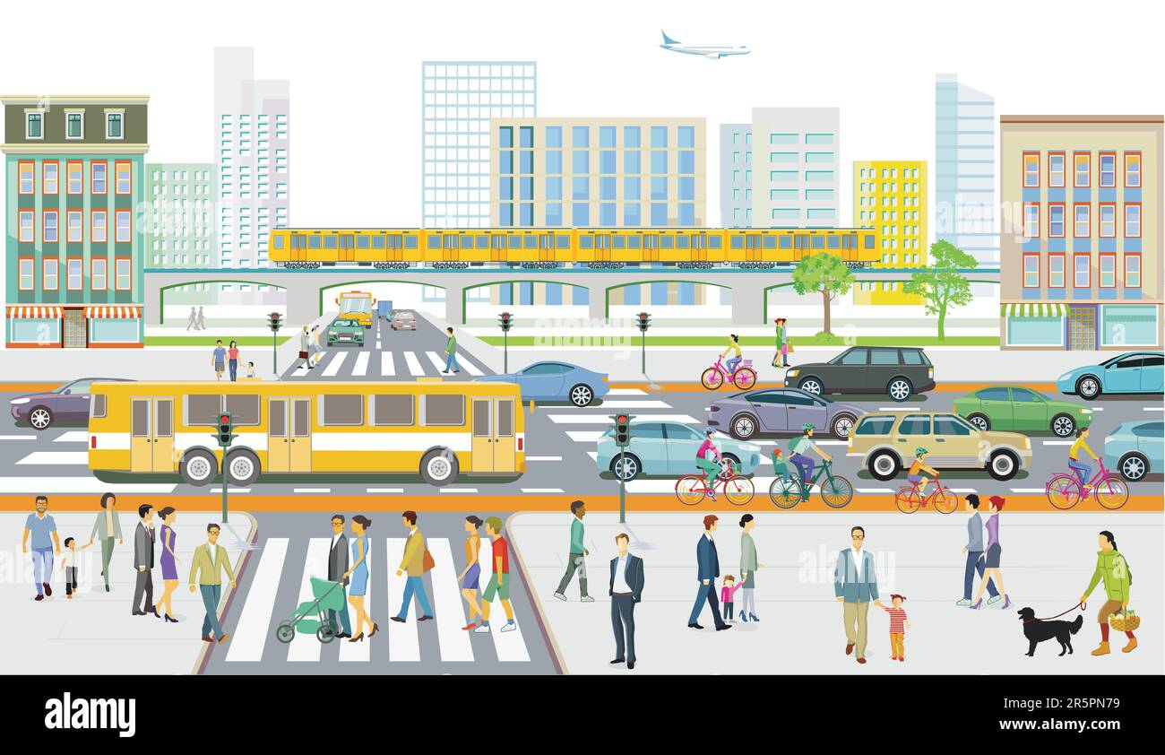 Traffico stradale con pedoni, ciclisti e traffico stradale, linee di autobus, e treno passeggeri, illustrazione Illustrazione Vettoriale