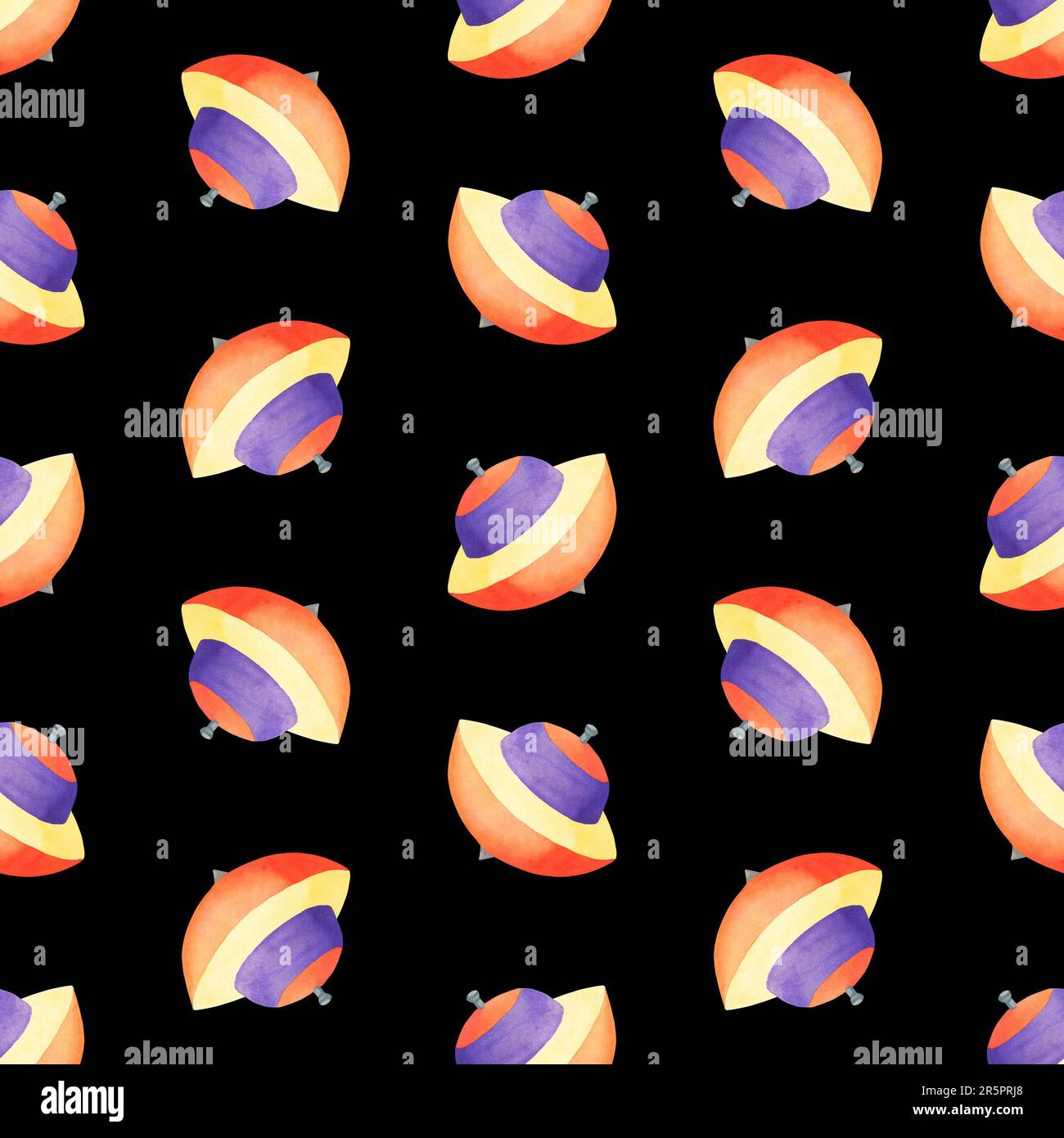 Parte superiore rotante. Giocattoli per bambini motivo senza cuciture su sfondo scuro. Acquerello disegnato a mano. Design per tessuti, prodotti cartacei Foto Stock