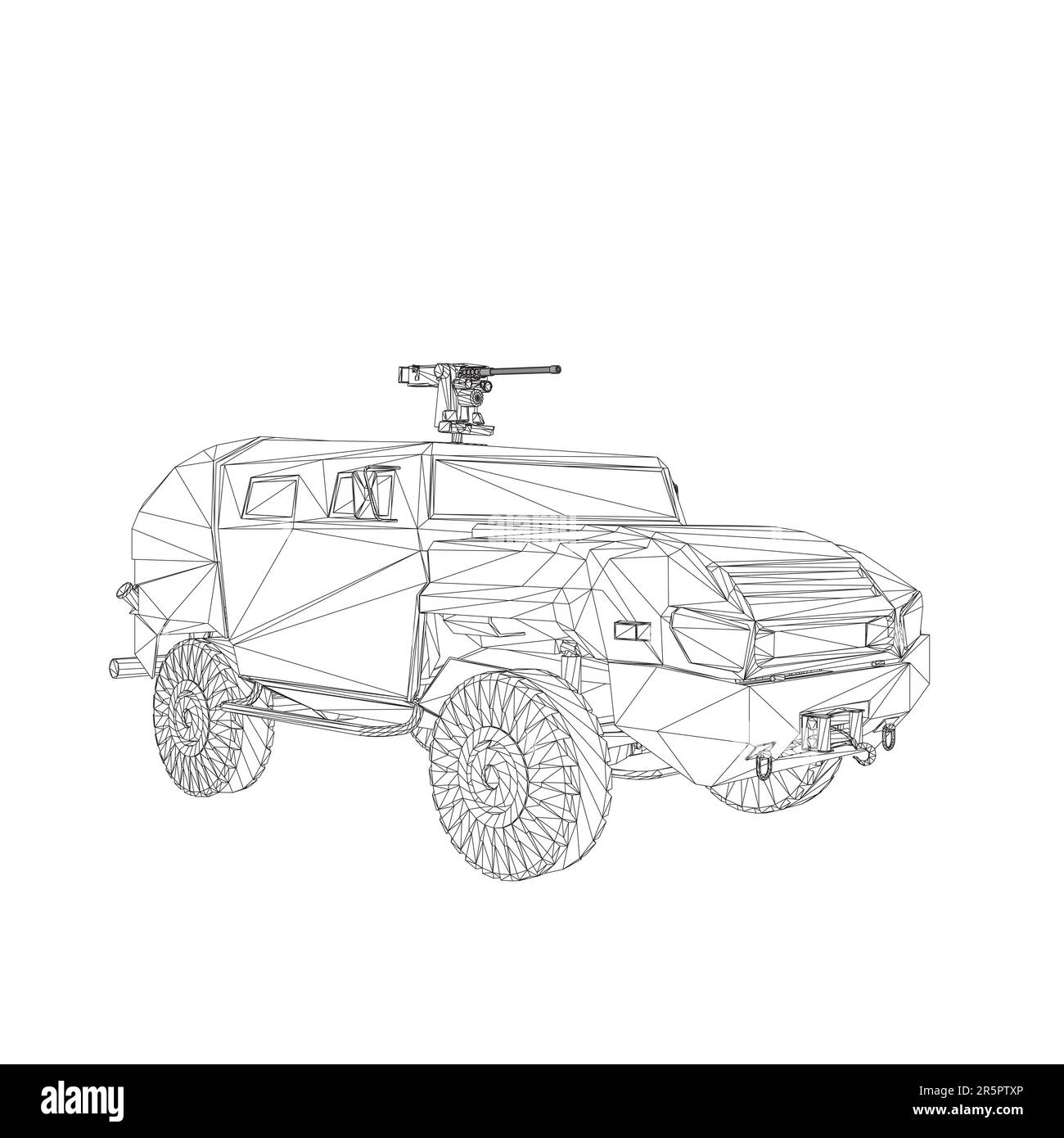 Trasporto camion esercito per l'operazione vettore guerra disegno illustrazione. Camion nel deserto. 3D macchina blindata. SUV militare wireframe. Veicolo fuoristrada. VEC Illustrazione Vettoriale