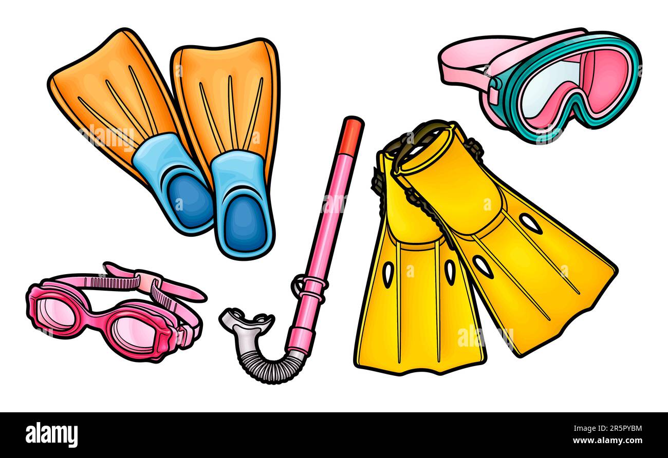 Set di cartoni animati di carino scarabeo attrezzatura subacquea. Estate nuoto oggetti vettore divertente illustrazione. Isolato su sfondo bianco Illustrazione Vettoriale