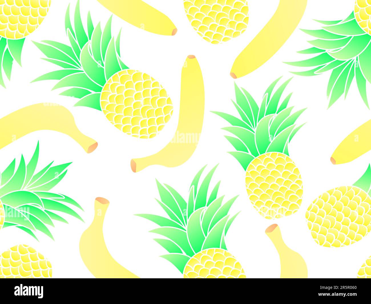 Motivo senza cuciture con banane e ananas, colori sfumati. Mix di frutta estiva con ananas e banana su sfondo bianco. Design per la stampa, bann Illustrazione Vettoriale