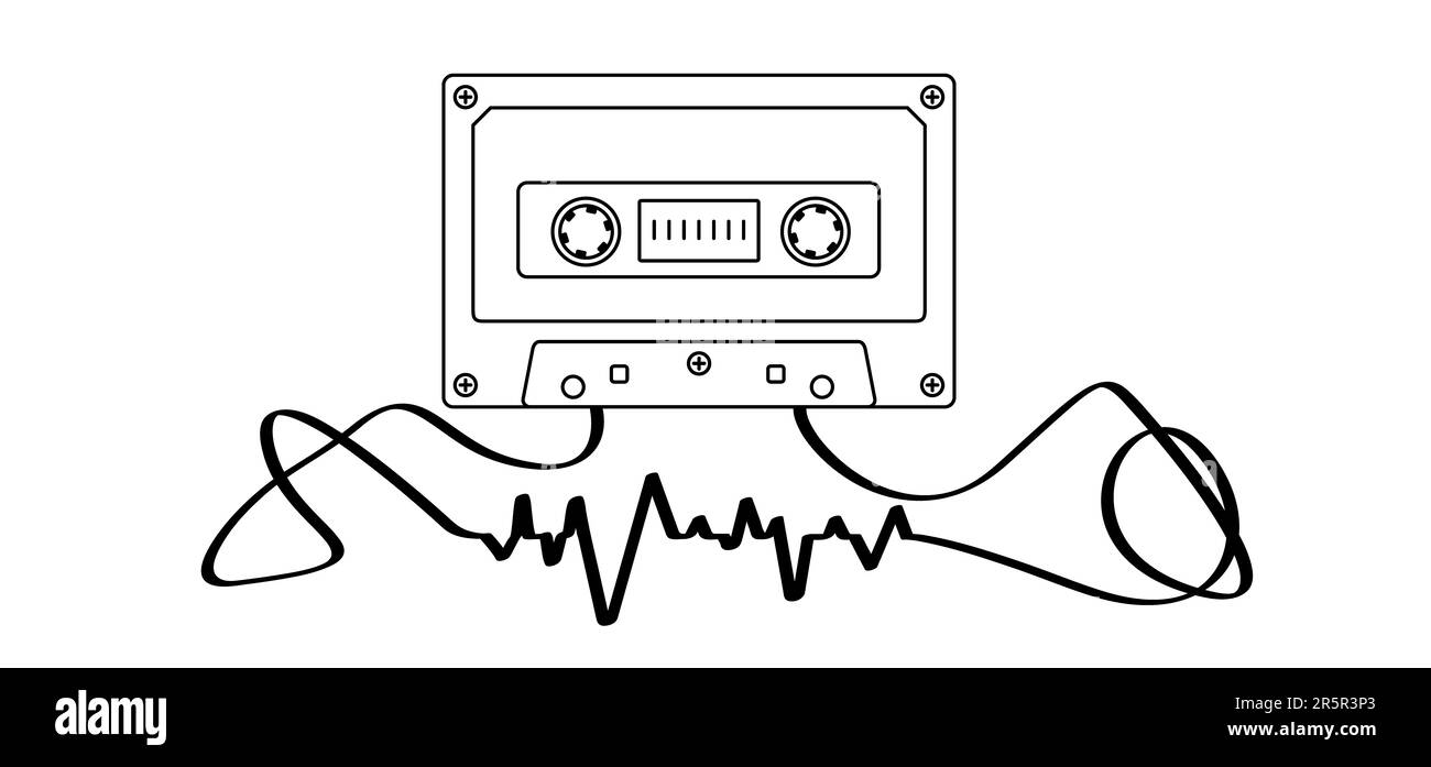 Cartoon plastica vecchia cassetta di registrazione audio. Disegno del nastro a cassetta e dell'impulso della linea heartbeat ECG. Retro musica cassetta.Musica registrazione audio da 70s, Foto Stock