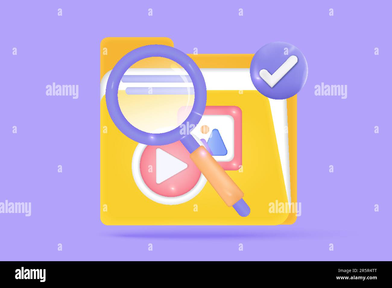 3d concetto di ricerca di immagini, video, gestione di file multimediali, database di documenti con protezione di sicurezza. Nota di checklist, media, immagine o video conc Illustrazione Vettoriale
