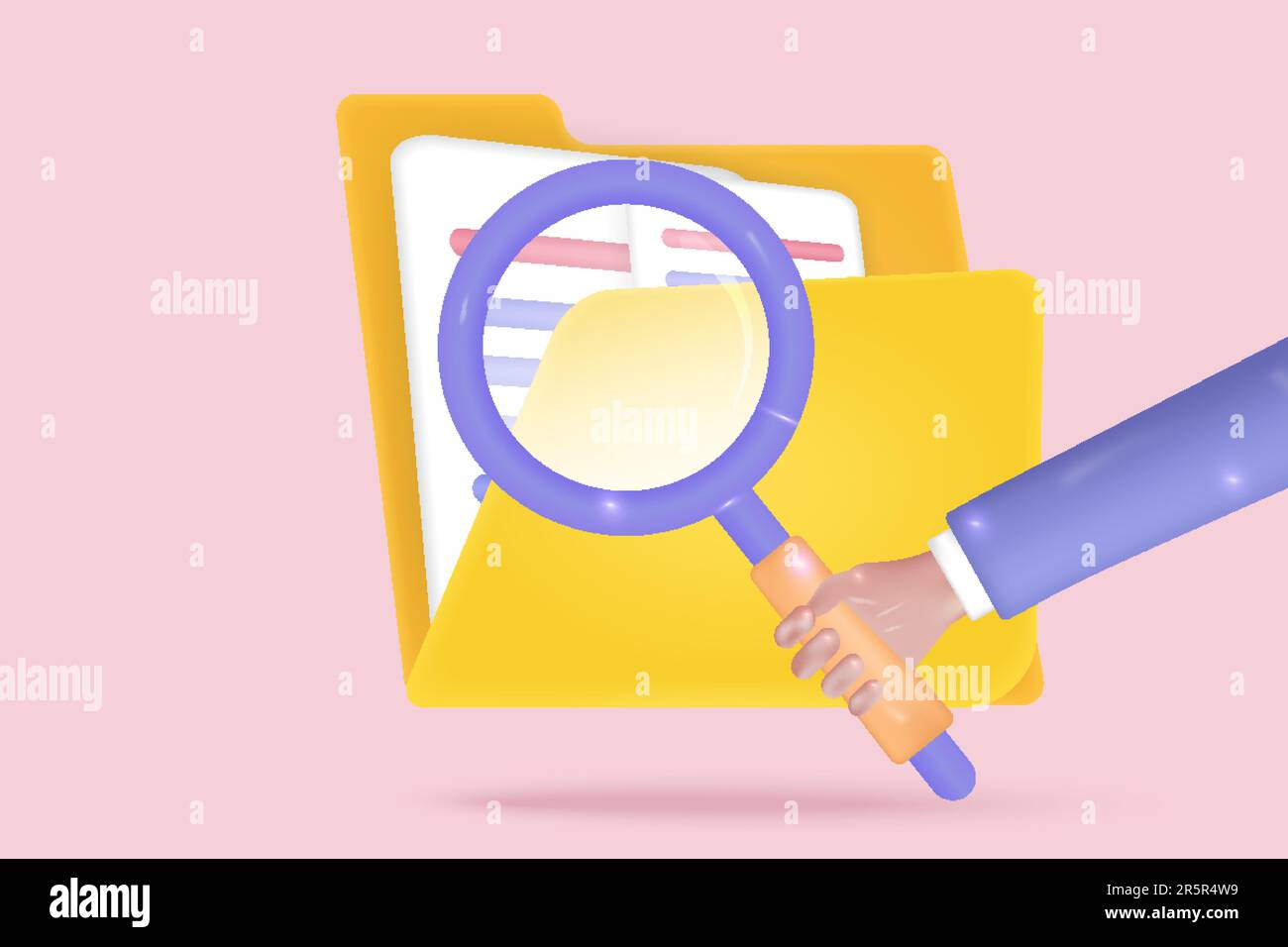 3d concetto di gestione dei file. Ricerca ingrandimento database documenti, gestione del tempo, concetto lista todo. rendering vettoriale 3d con sfondo viola Illustrazione Vettoriale