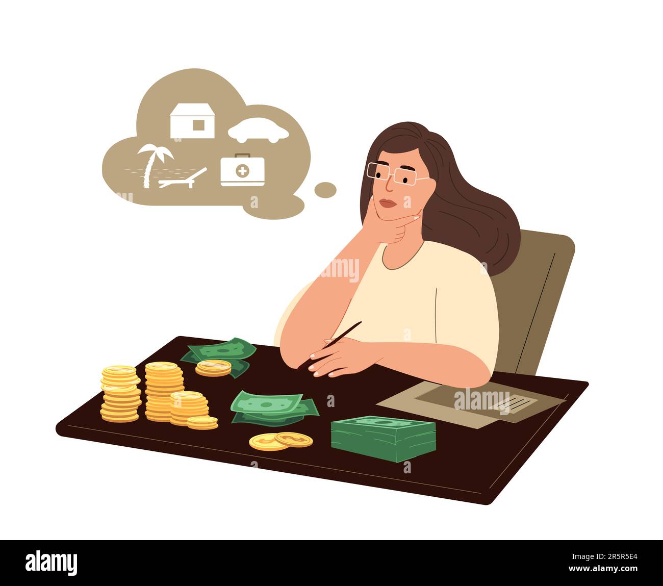 Financial concept.Woman pianificazione bilancio, diversificato spese di denaro distribuzione.denaro su table.assets allocazione, risparmio, gestione finanziaria personale Foto Stock