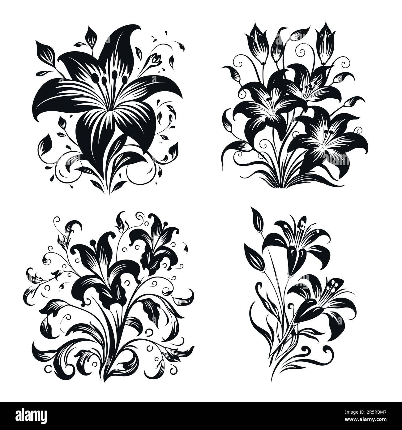 Set vettoriale di silhouette nere di fiori di giglio isolate su sfondo bianco. Illustrazione Vettoriale