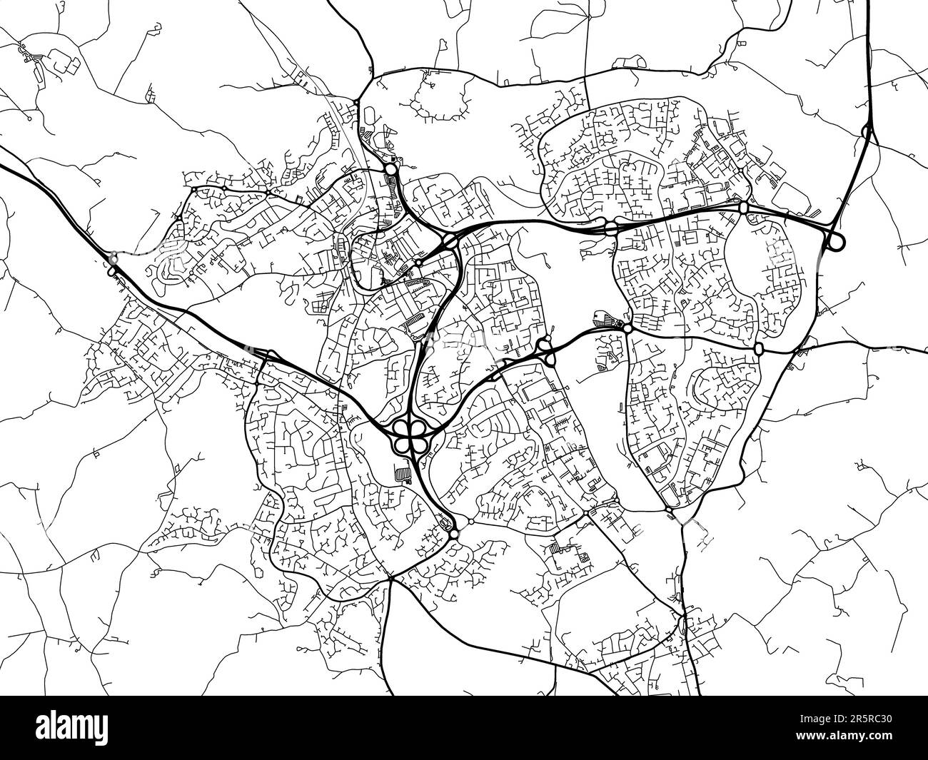 Road map della città di Redditch nel Regno Unito su sfondo bianco. Foto Stock