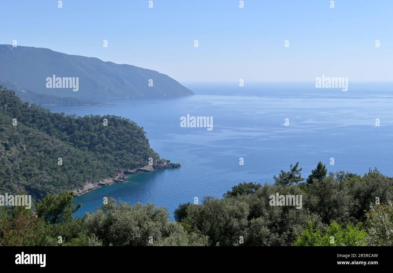 Una vista ipnotizzante del mare e delle scogliere boscose a Kabak, Turchia Foto Stock