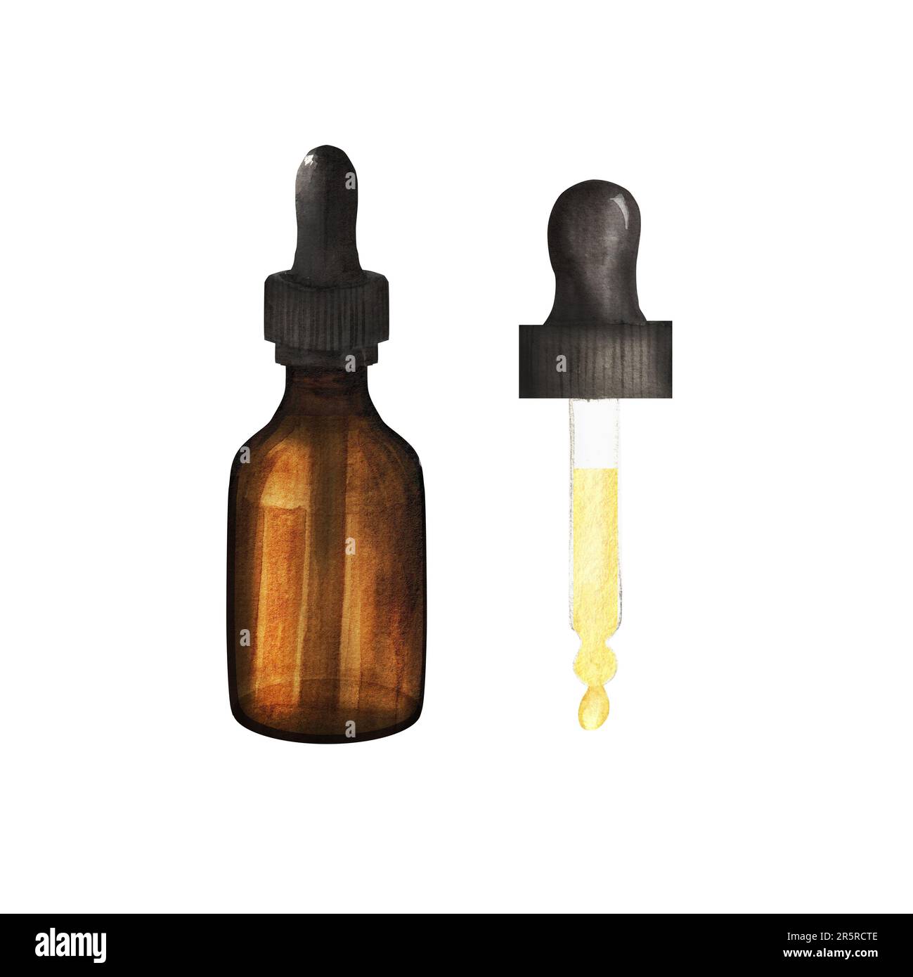 Illustrazione ad acquerello disegnata a mano. Flacone in vetro marrone con olio e pipetta. Trattamento ayurveda. Foto Stock