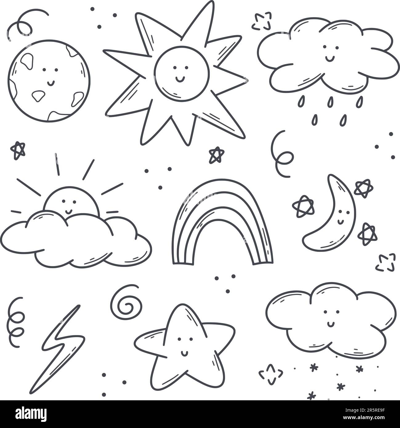 Tracciato a mano carino meteo set. Illustrazione di schizzi di fenomeni naturali - temporale, pioggia, sole, luna, stelle, arcobaleno. Raccolta di caratteri semplici Illustrazione Vettoriale