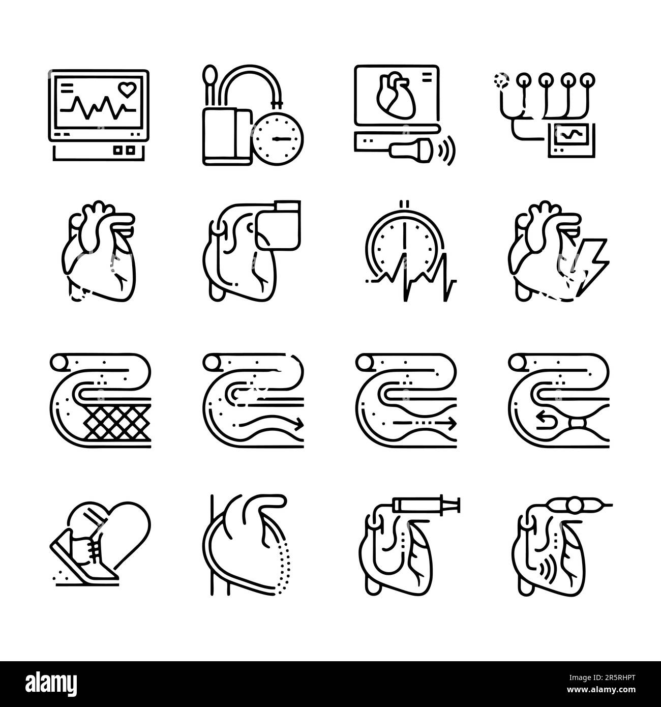 Relativo alla cardiologia, pixel Perfect, tratto modificabile, set di icone vettoriali con linea quadrata scalabile verso l'alto Illustrazione Vettoriale