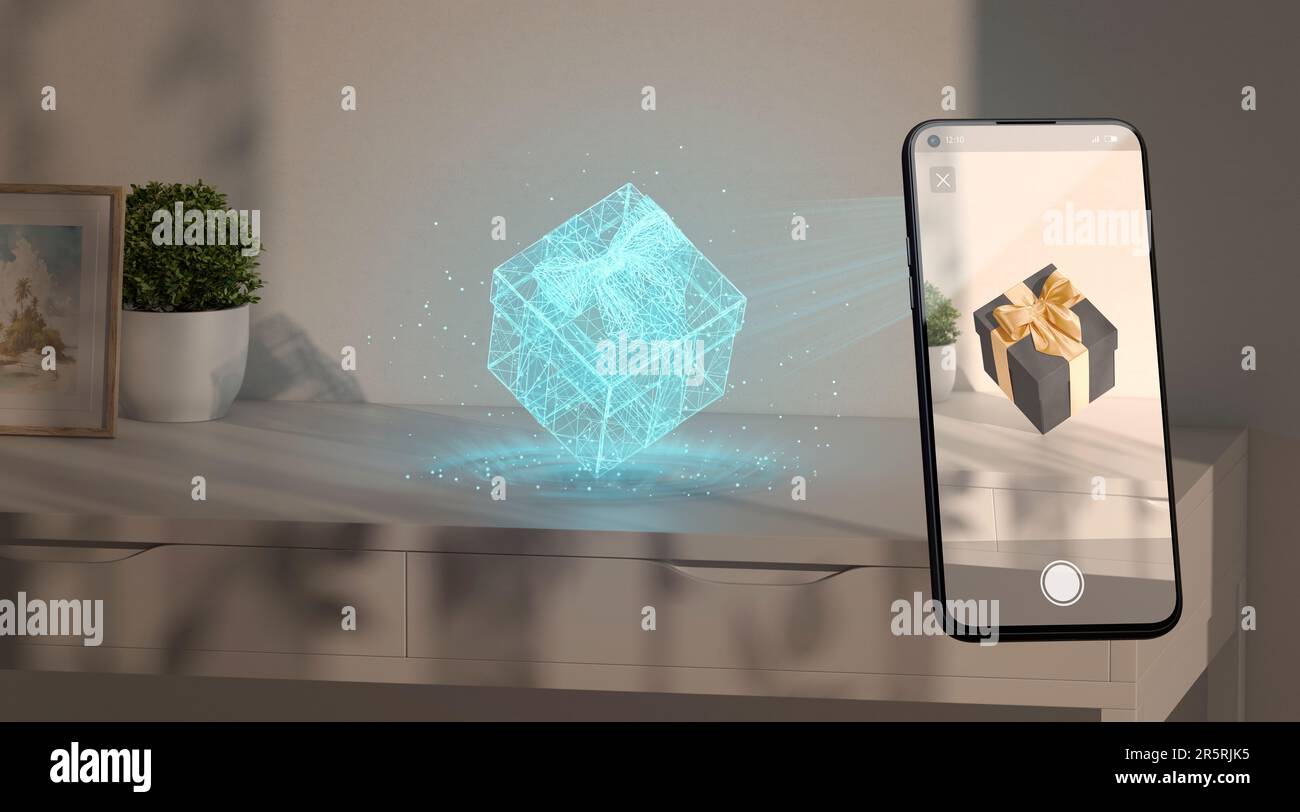 Scatola regalo ologramma su display telefono da tavolo realtà aumentata,  rendering 3D. Integrazione vuota dell'interazione vr sullo smartphone.  Costruzione online realistica Foto stock - Alamy