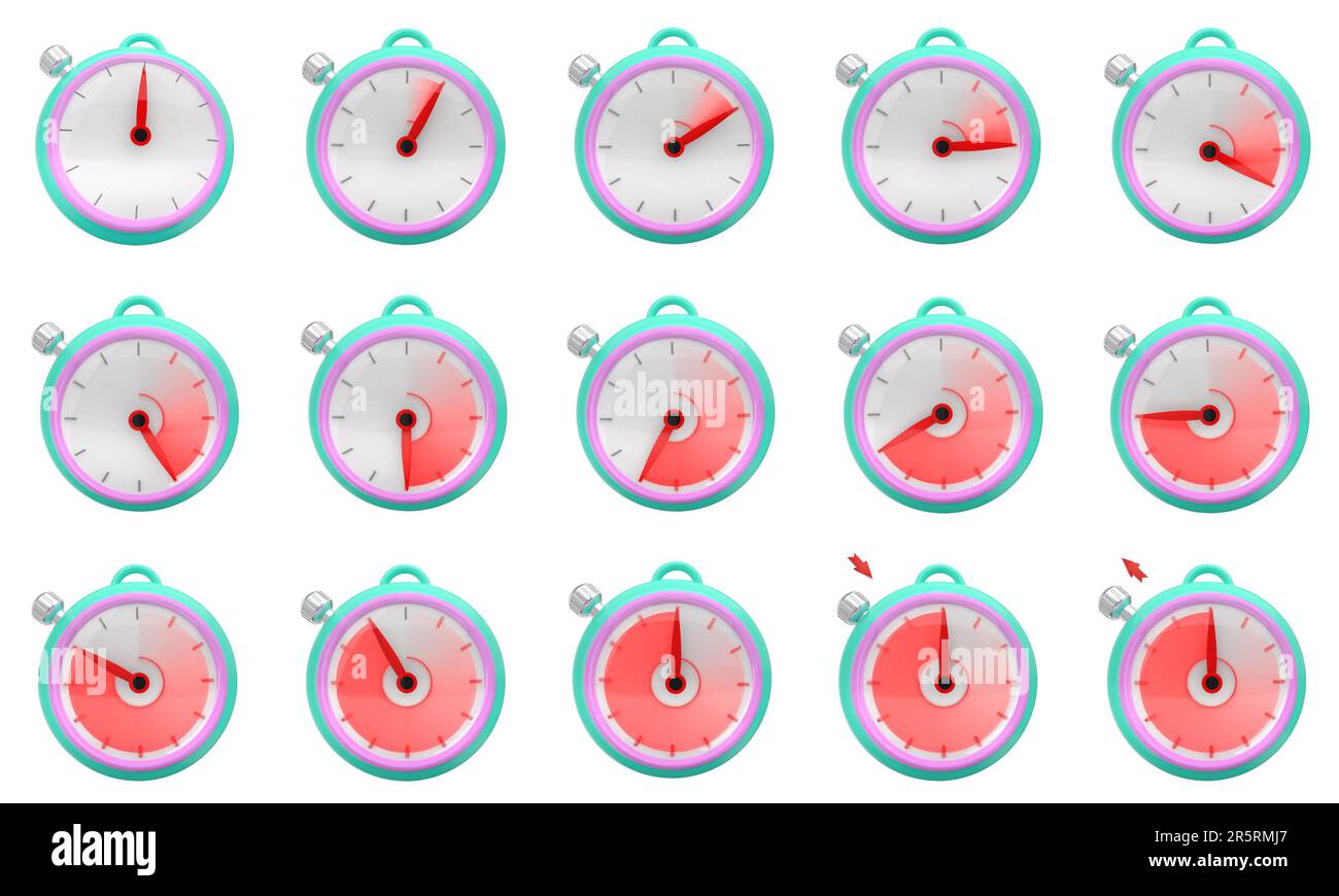 Sveglia, Orologio, WatchTime, Timer animati con marcatori di tempo, periodo o cicli. Sono 12 marcatori con tracciato rosso pieno con iniziatore. Foto Stock
