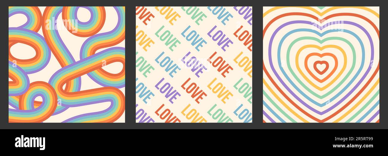 Set di striscioni quadrati astratti colorati arcobaleno. Sfondi funky per il mese dell'orgoglio LGBT. Modello post retro groovy sui social media Illustrazione Vettoriale