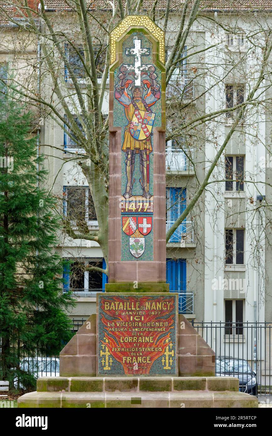Francia, Meurthe et Moselle, Nancy, monumento chiamato Croix de Bourgogne (Croce di Borgogna) situato dove si trovava lo stagno di Saint Jean, lo stesso luogo in cui fu trovato il cadavere di Charles le Temeraire nel 1477 dopo la battaglia di Nancy Foto Stock