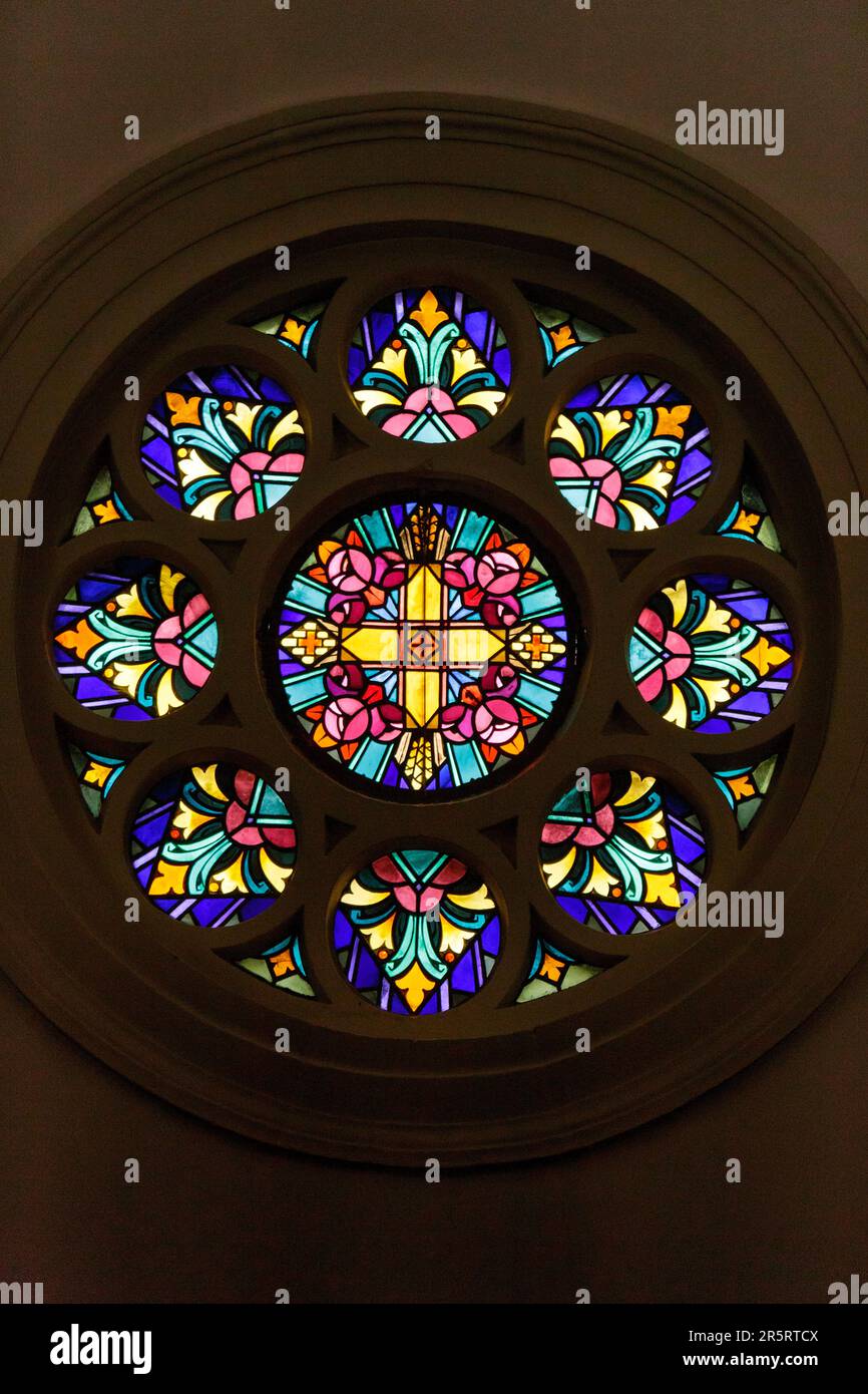 Francia, Meurthe et Moselle, Nancy, 1935 tettoia ornamentale, vetrata in stile Art Deco dal maestro vetraio Georges Janin nella cappella dell'Hopital Central de Nancy costruita dall'architetto Prosper Morey tra il 1879 e il 1883, situata in Avenue De Lattre de Tassigny Foto Stock