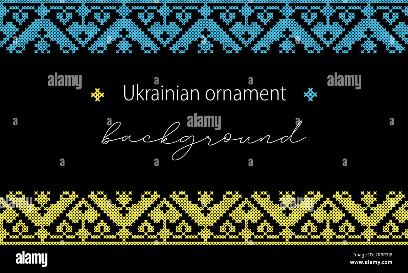 Sfondo vettoriale ucraino, banner, poster.folk tradizionale, ornamento etnico. Bordo nei colori giallo e blu bandiera Ucraina. Pixel art, vyshyvanka Illustrazione Vettoriale