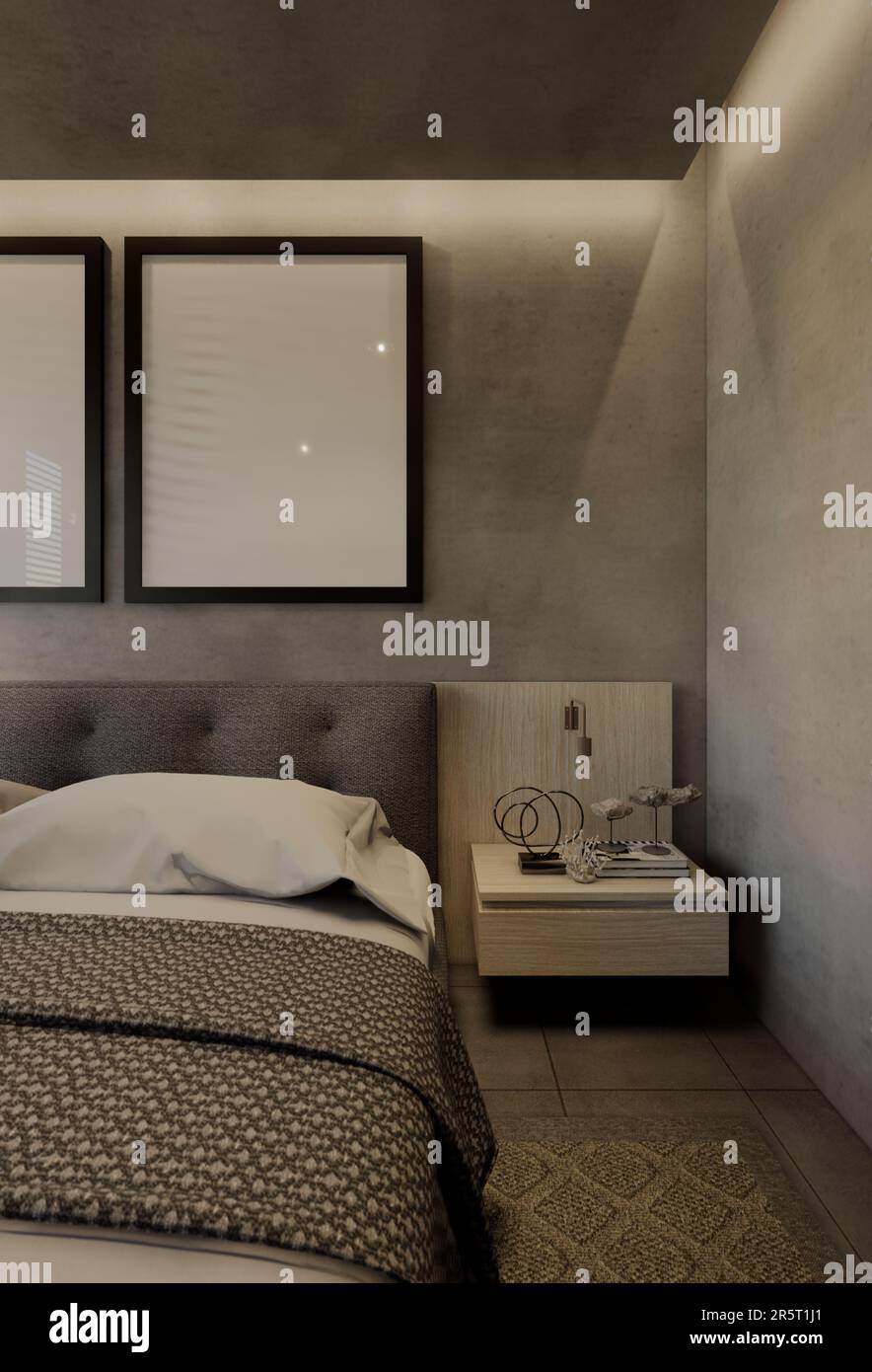 Design moderno degli interni delle camere da letto contemporaneo, con tonalità naturali sulla camera, le pareti, il pavimento e il soffitto. illustrazione del rendering 3d Foto Stock