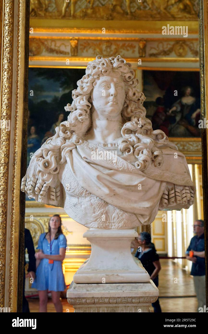 Francia, Yvelines, Versailles, Reggia di Versailles dichiarata Patrimonio Mondiale dell'Umanità dall'UNESCO, Appartamenti del Re, Salon de l'Oeil deboeuf (la sala Bull's Eye), Busto in marmo di Louis 14 di Antoine Coysevox (1681) Foto Stock