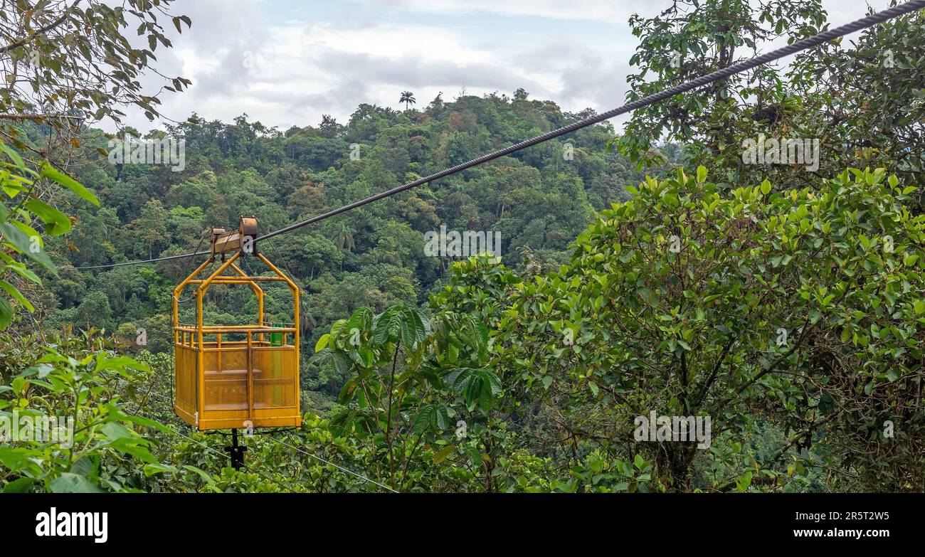 Funivia di Tarabita sopra la foresta nuvola di Mindo, Ecuador. Foto Stock