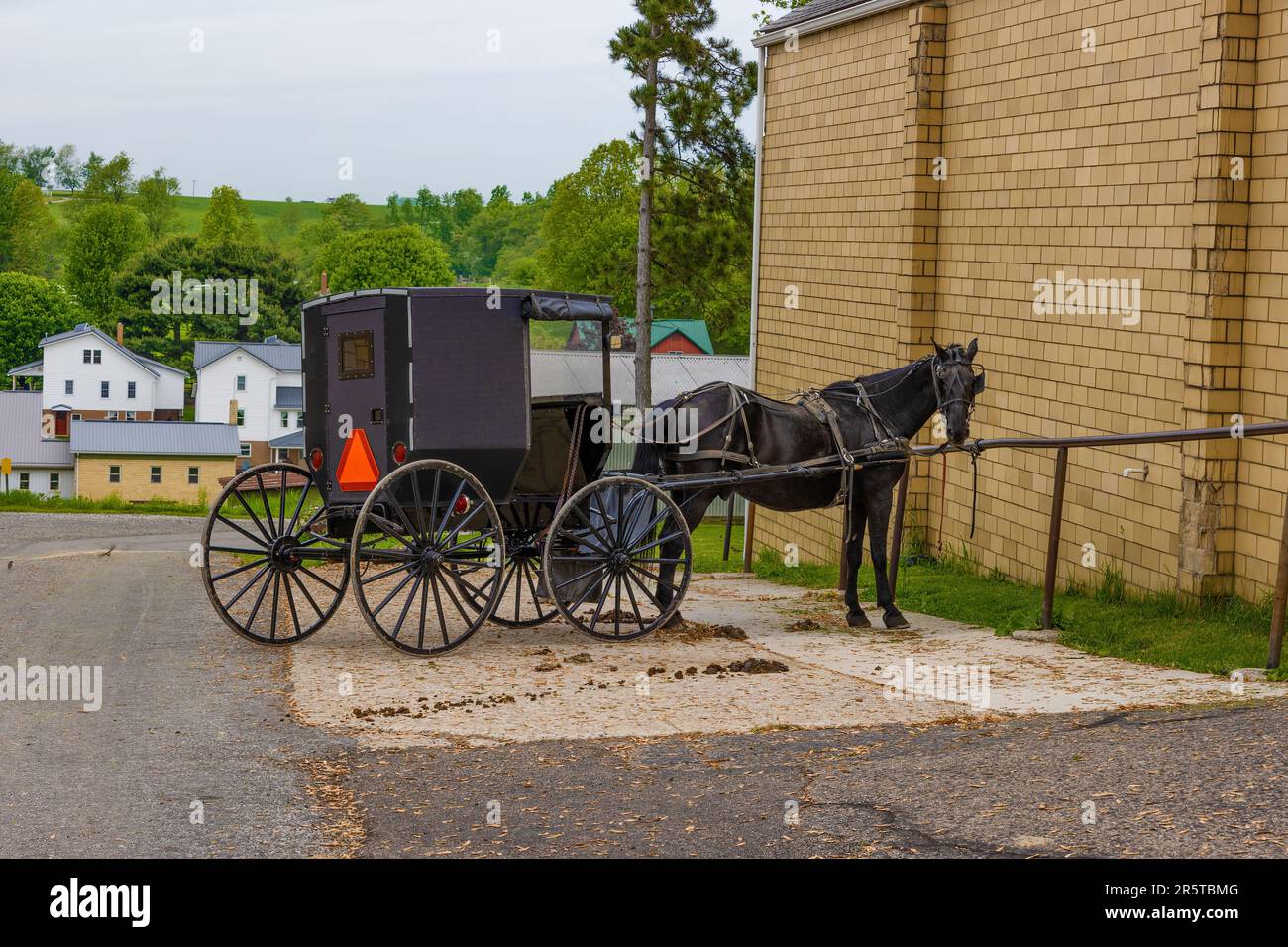 Un Buggy Amish e cavalli parcheggiati accanto ad un edificio nella regione Amish in rurale, Ohio, Stati Uniti Foto Stock