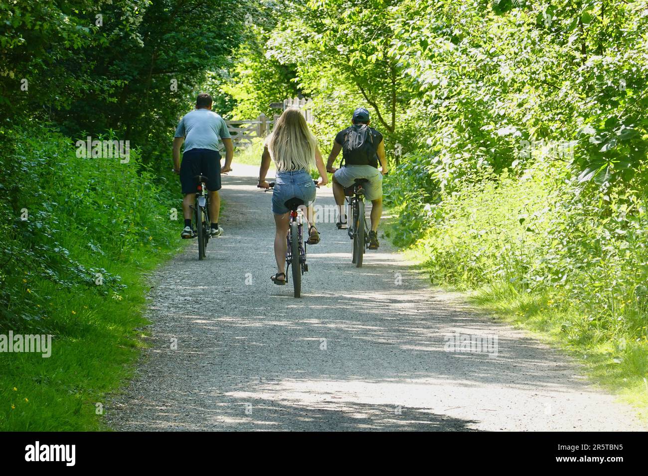 Tre ciclisti sul Sentiero della valle di Sett, Derbyshire Foto Stock