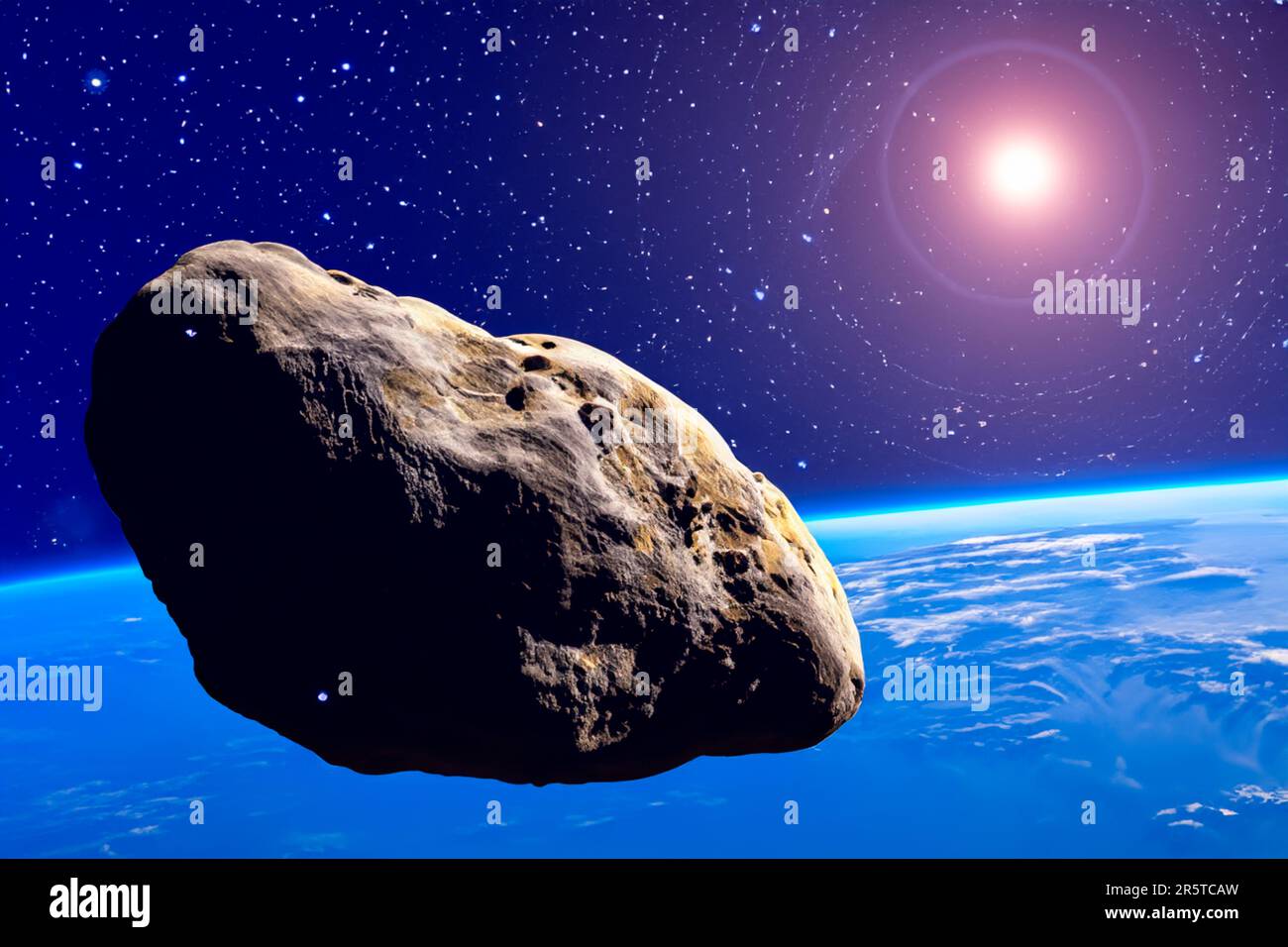 Asteroide. gigantesco asteroide in crociera vicino al paesaggio di pianeta Terra o allo spacescape. Paesaggio dello spazio esterno e illustrazione del rendering dell'astronomia 3D. Foto Stock