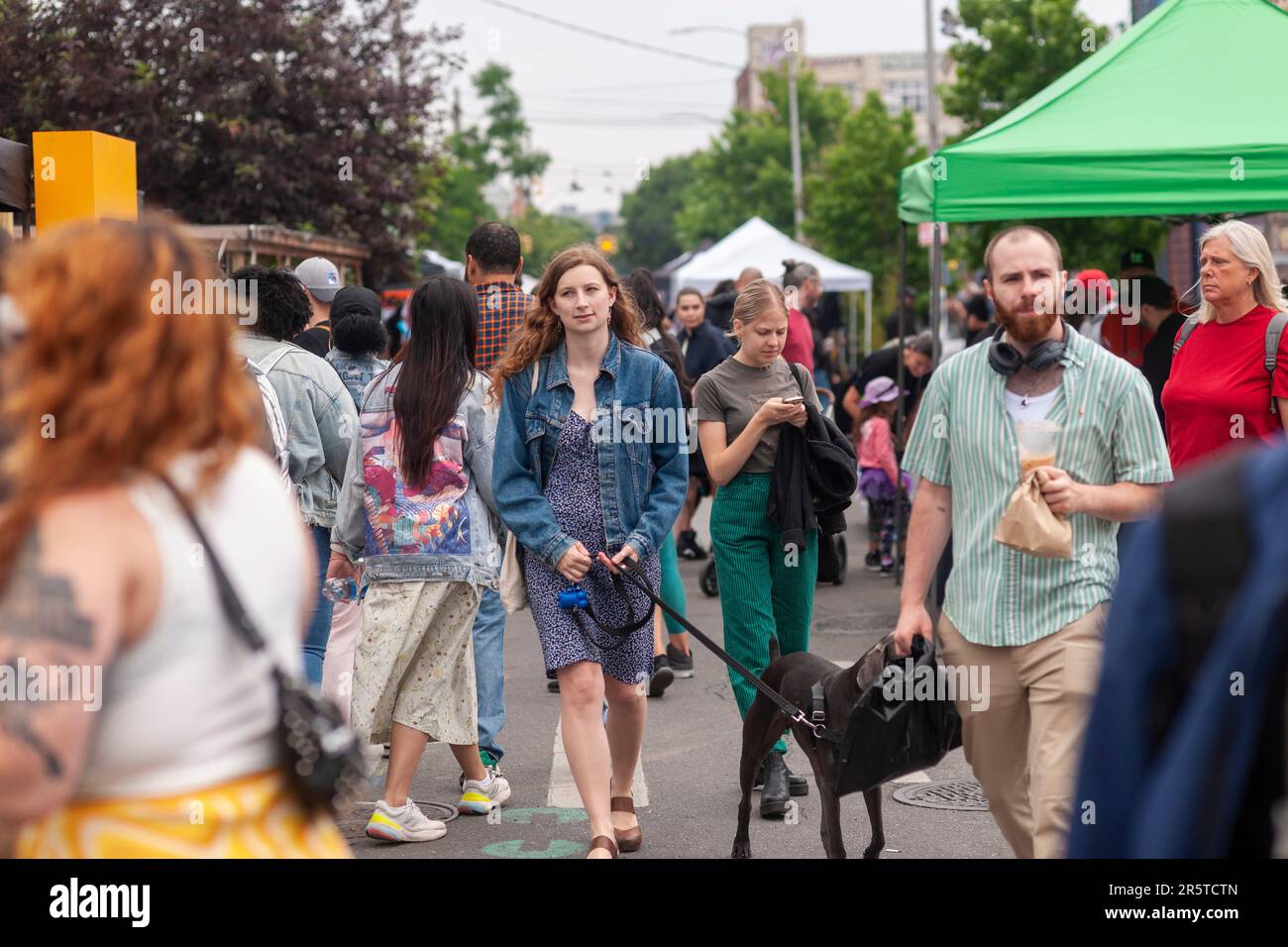 Migliaia di persone si riversano a Bushwick, Brooklyn a New York, per l'annuale Bushwick Collective Block Party sabato 3 giugno 2023. La musica e le feste ne portarono alcuni, ma la vera attrazione furono i nuovi murales di artisti 'graffiti' che decorano le pareti degli edifici che il collettivo usa. (© Richard B. Levine) Foto Stock