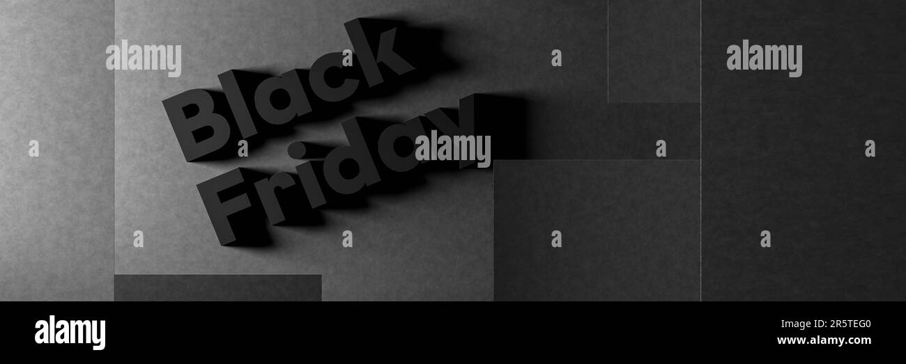 Banner pubblicitario volantino Black Friday su sfondo grigio grafite Foto Stock