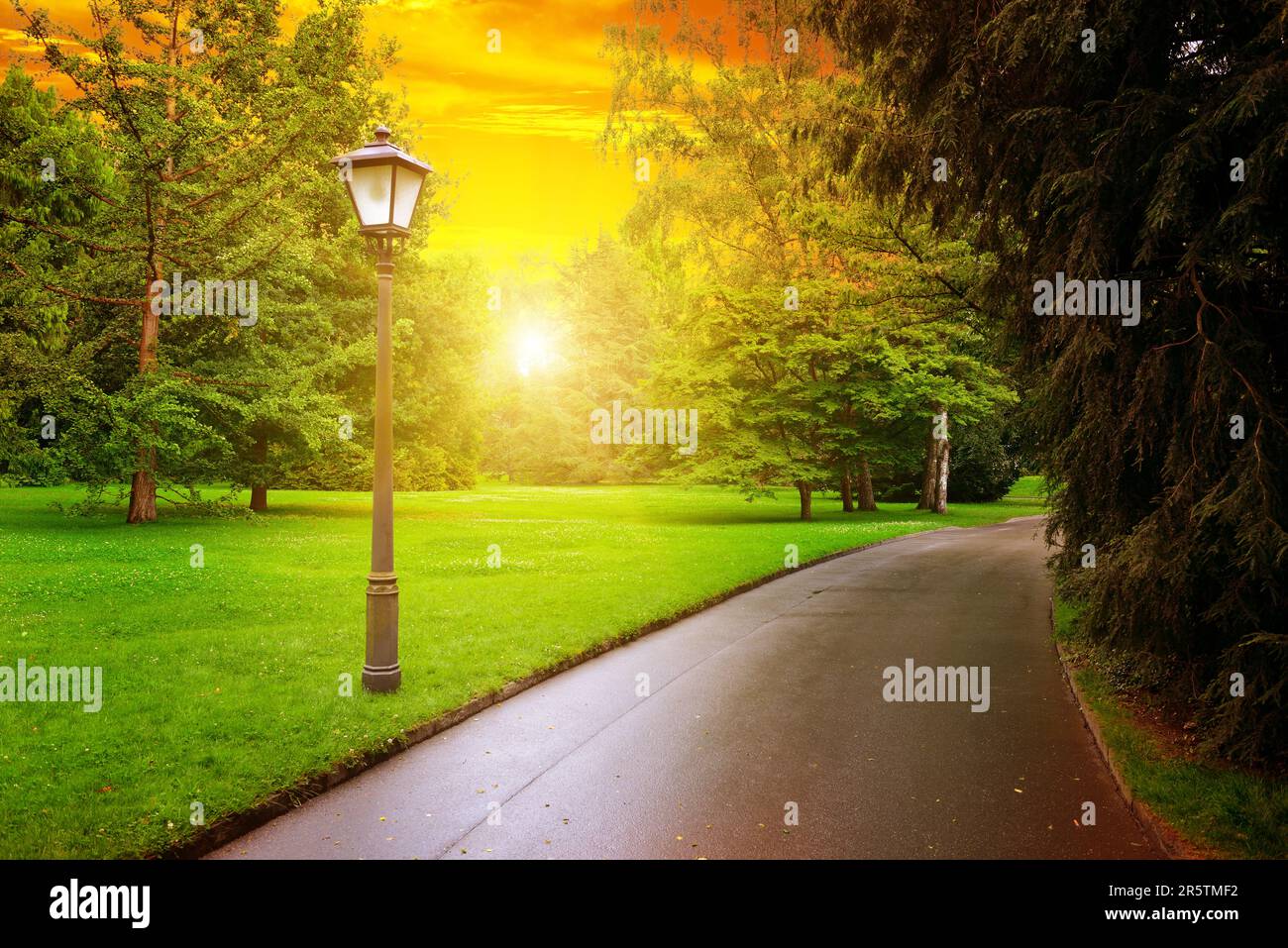 Scenografica alba luminosa nel parco con passaggio pedonale e lanterna Foto Stock
