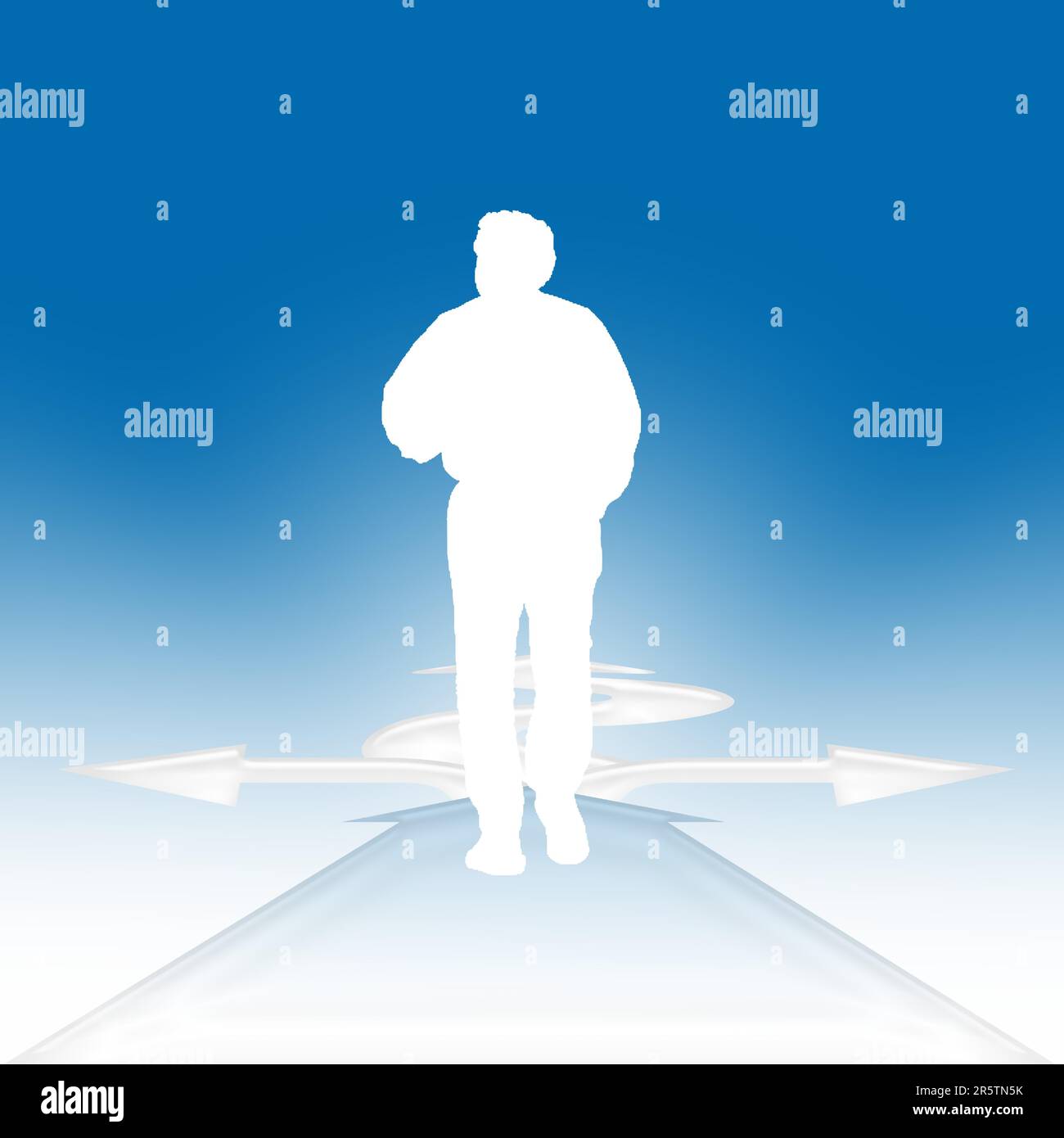 un uomo sta guardando avanti per trovare la sua strada, deve decidere, fare una scelta e andare avanti verso il futuro Illustrazione Vettoriale
