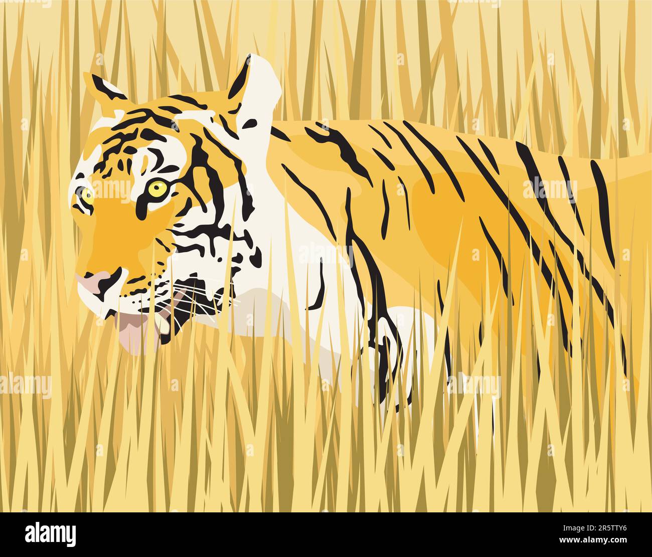 Illustrazione vettoriale di una tigre in erba secca con tiger e erba come elementi separati Illustrazione Vettoriale