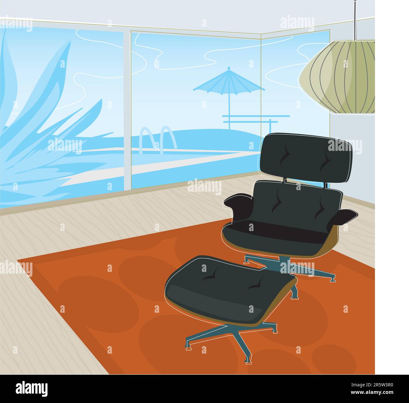 Moderna poltrona dallo stile retrò con vista sulla piscina. Ogni elemento è raggruppato in modo da poterlo utilizzare indipendentemente dallo sfondo. Stratificato ... Illustrazione Vettoriale