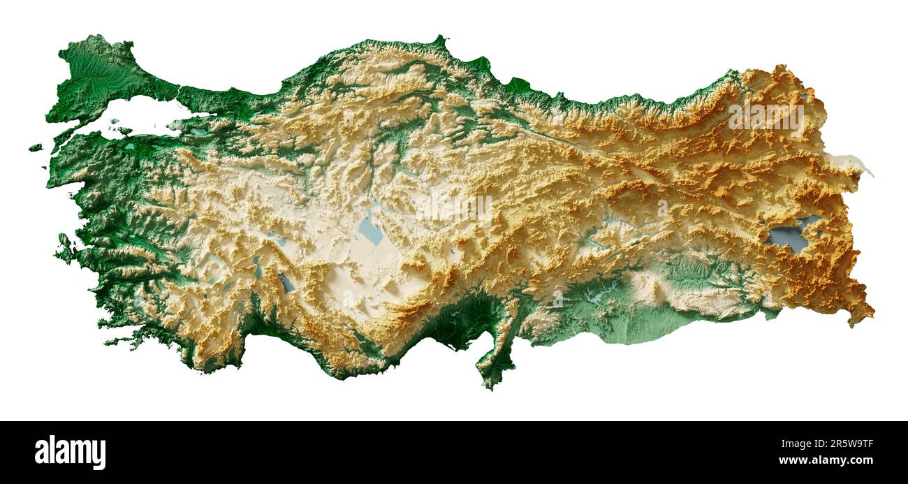 Turchia. Rendering 3D estremamente dettagliato di una mappa in rilievo ombreggiata con fiumi e laghi. Colorato dall'elevazione. Sfondo bianco. Creato con i dati satellitari. Foto Stock