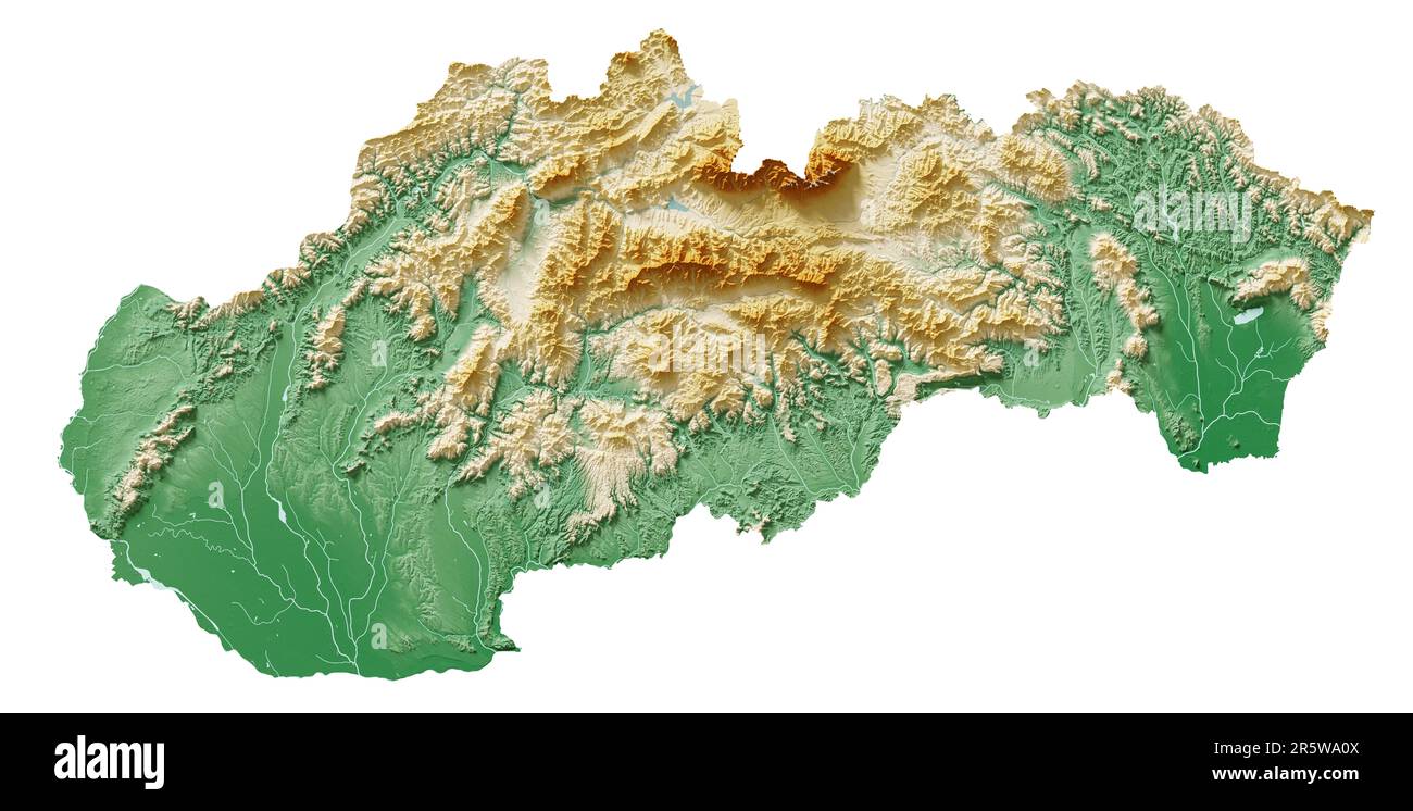 Slovacchia. Rendering 3D estremamente dettagliato di una mappa in rilievo ombreggiata con fiumi e laghi. Colorato dall'elevazione. Sfondo bianco. Creato con dati satellitari. Foto Stock