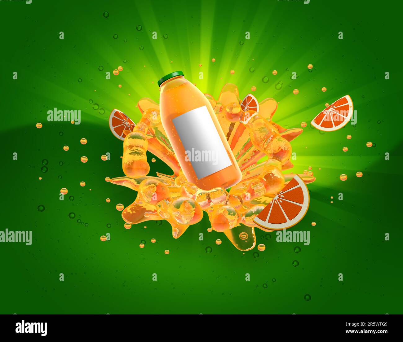 Bottiglia di succo d'arancia con tappo verde che spruzzi di liquido arancione circondato da bolle e fette di arancio su sfondo verde con luce gialla che arriva o Foto Stock