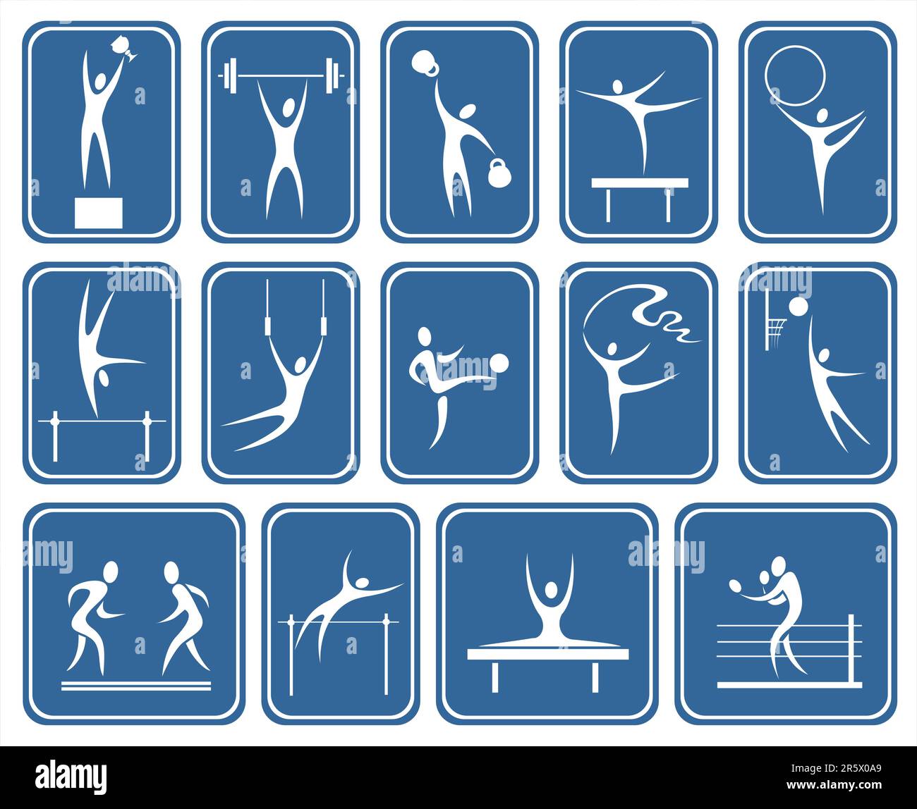 Immagini bianche simboliche di vari tipi di sport su sfondo blu scuro. Illustrazione Vettoriale